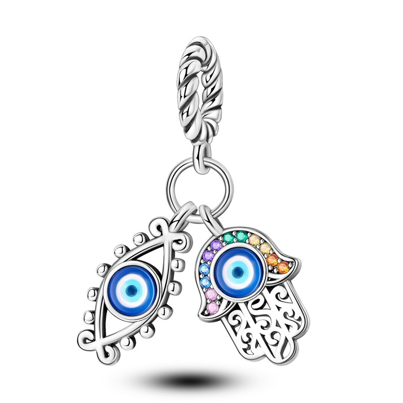 Charm Pendant Turkish Eye and Hand Fatima Fatima Coloured Zircons