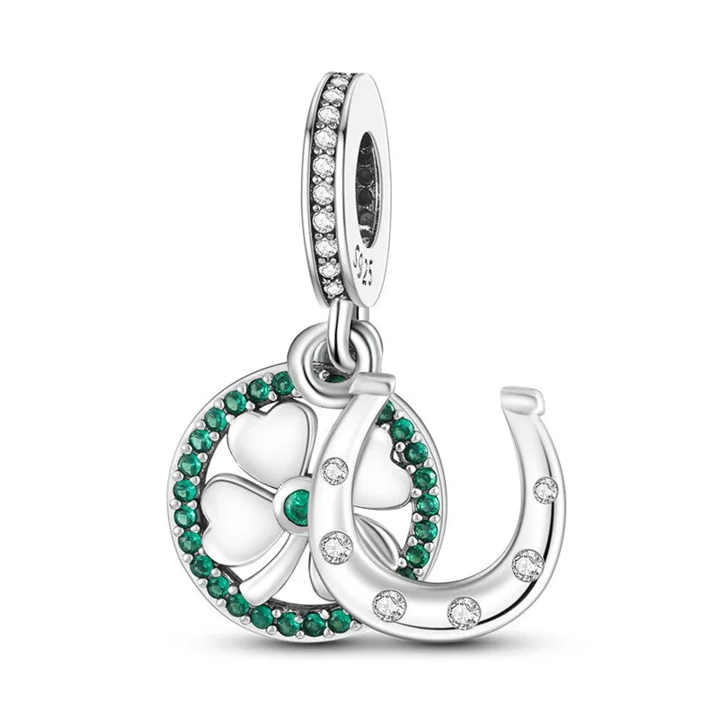 Sterling Silver Lucky Horseshoe and Shamrock Pendant Charm